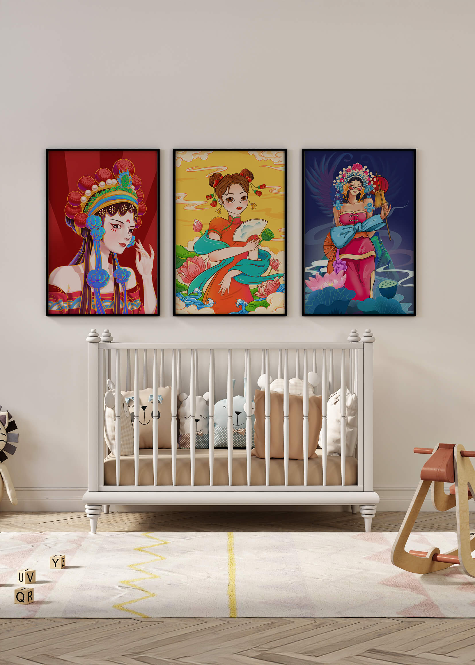 Illustrations de style asiatique avec des femmes en robes traditionnelles