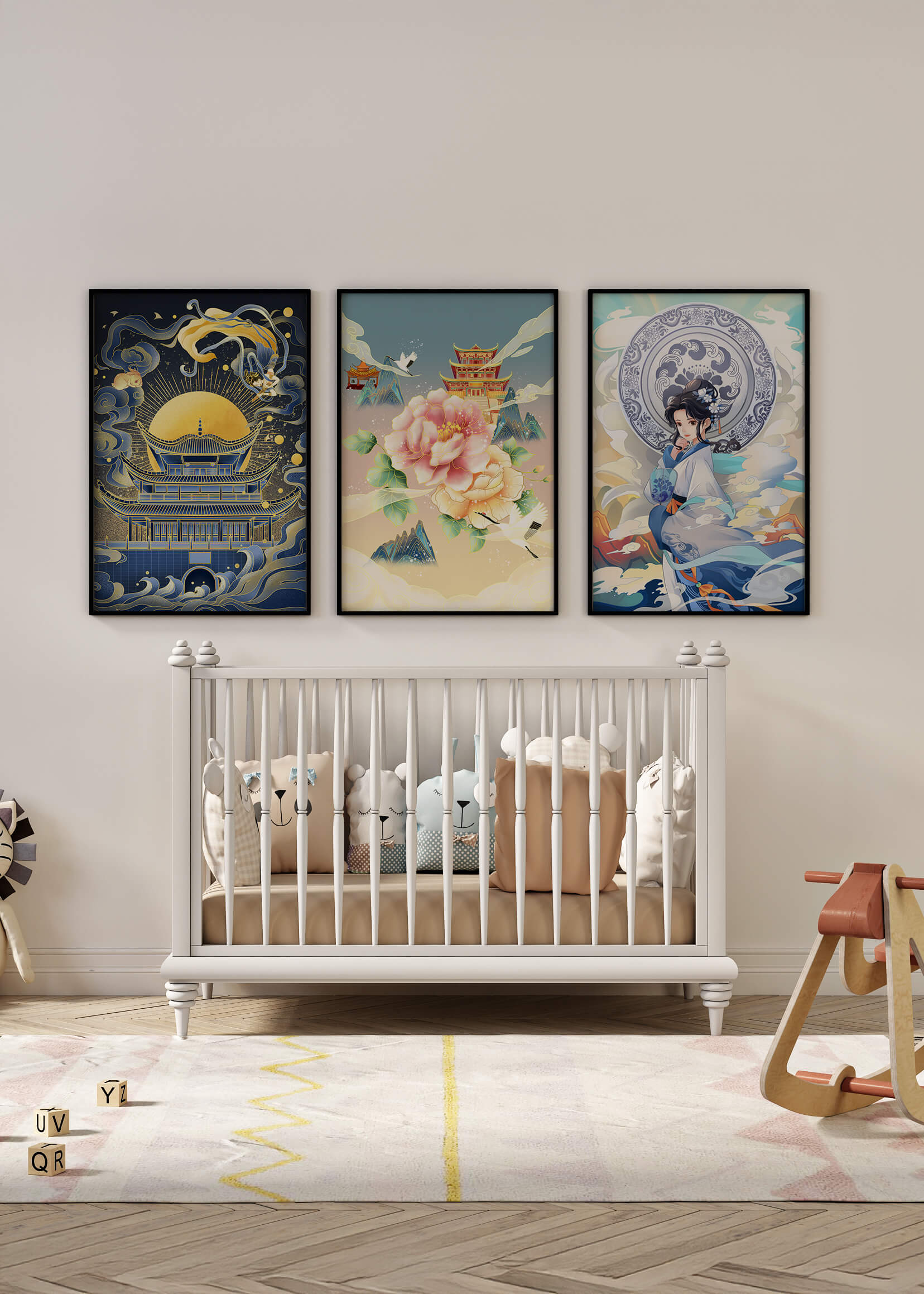 Triptyque d’Art Asiatique : Femme, Fleur et Pagode avec Éléments Dorés