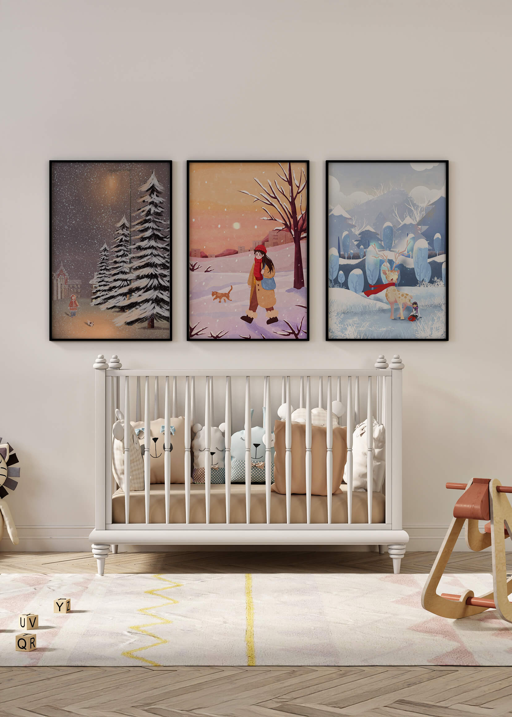 Conjunto de Tres Ilustraciones de Invierno en Tonos Cálidos y Fríos