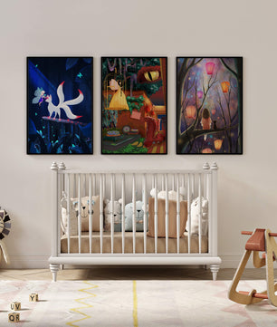 Triptyque d’art fantastique avec des illustrations colorées et oniriques