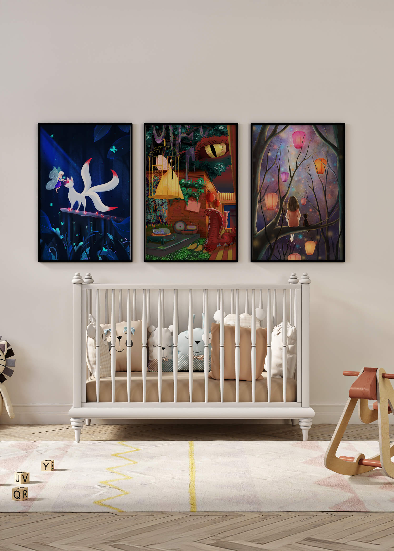 Triptyque d’art fantastique avec des illustrations colorées et oniriques