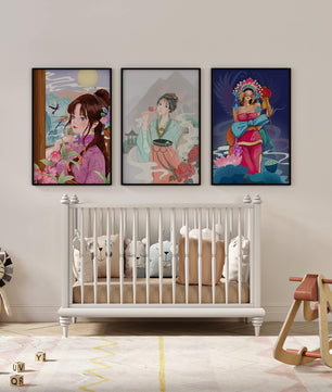 Moderne asiatische Kunst mit Frauen und Natur
