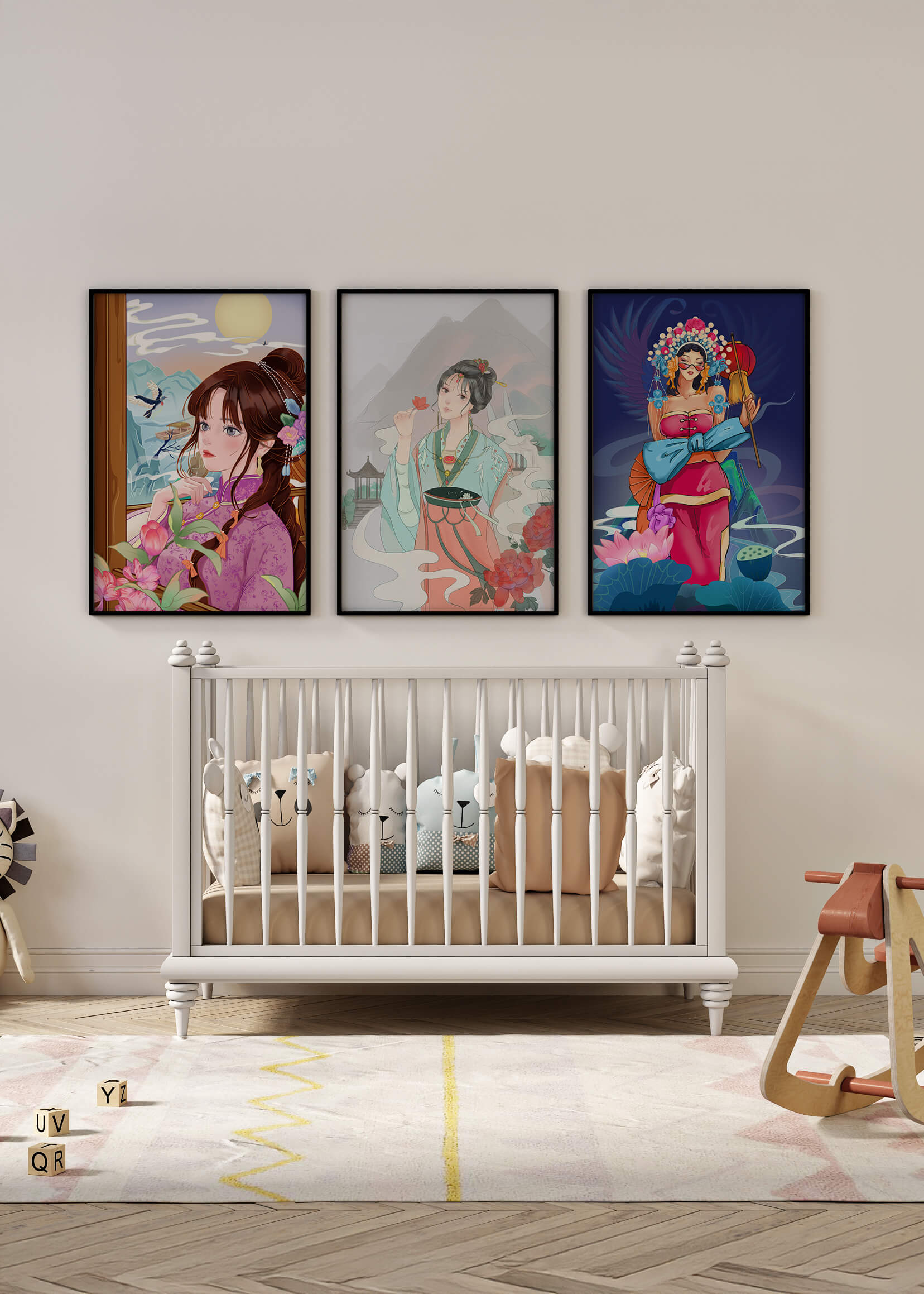 Moderne asiatische Kunst mit Frauen und Natur