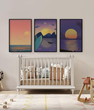 Minimale Sonnenuntergang-Landschaften in digitaler Kunst ohne Rahmen auf Holzboden