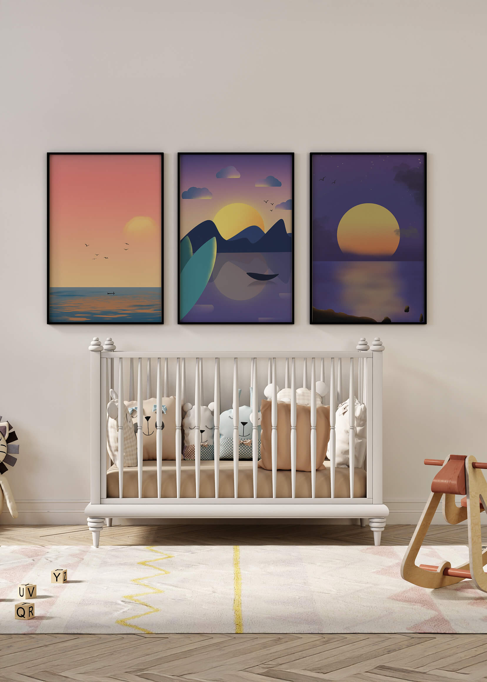 Minimale Sonnenuntergang-Landschaften in digitaler Kunst ohne Rahmen auf Holzboden