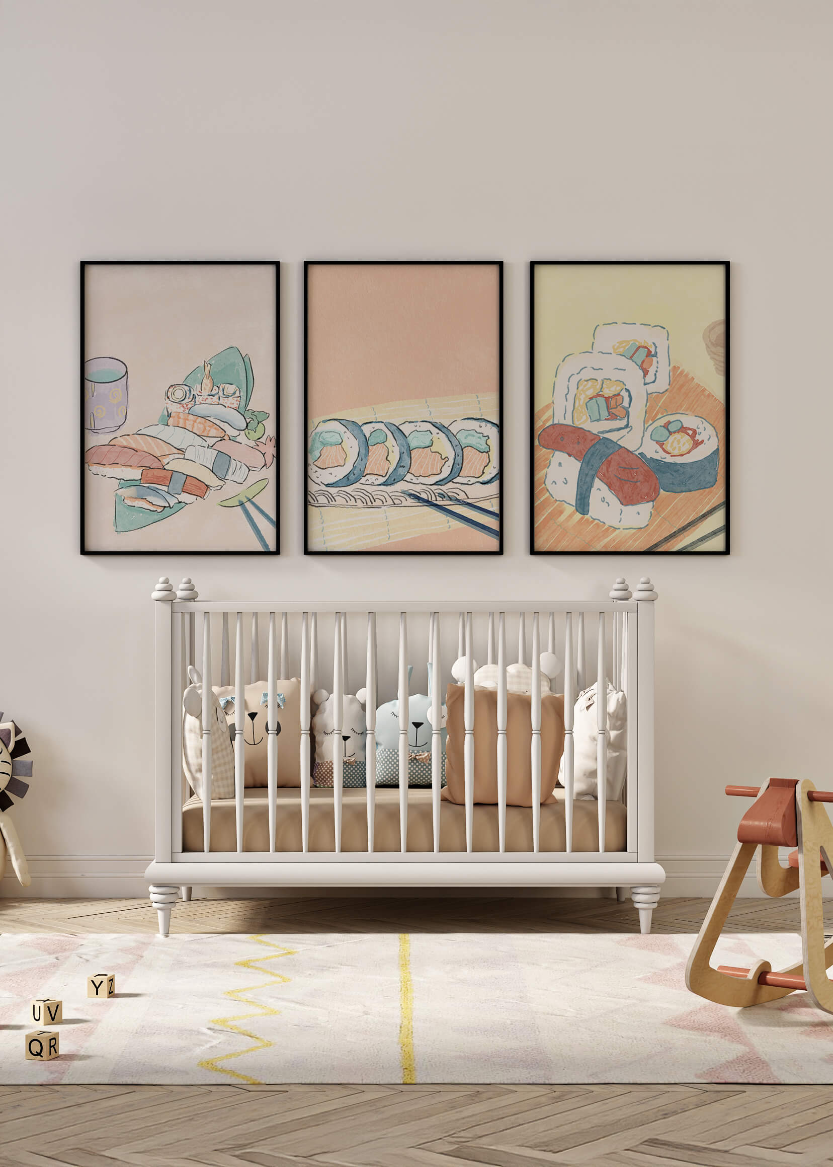 Conjunto de Arte de Sushi con Diseño Minimalista en Estilo Acuarela