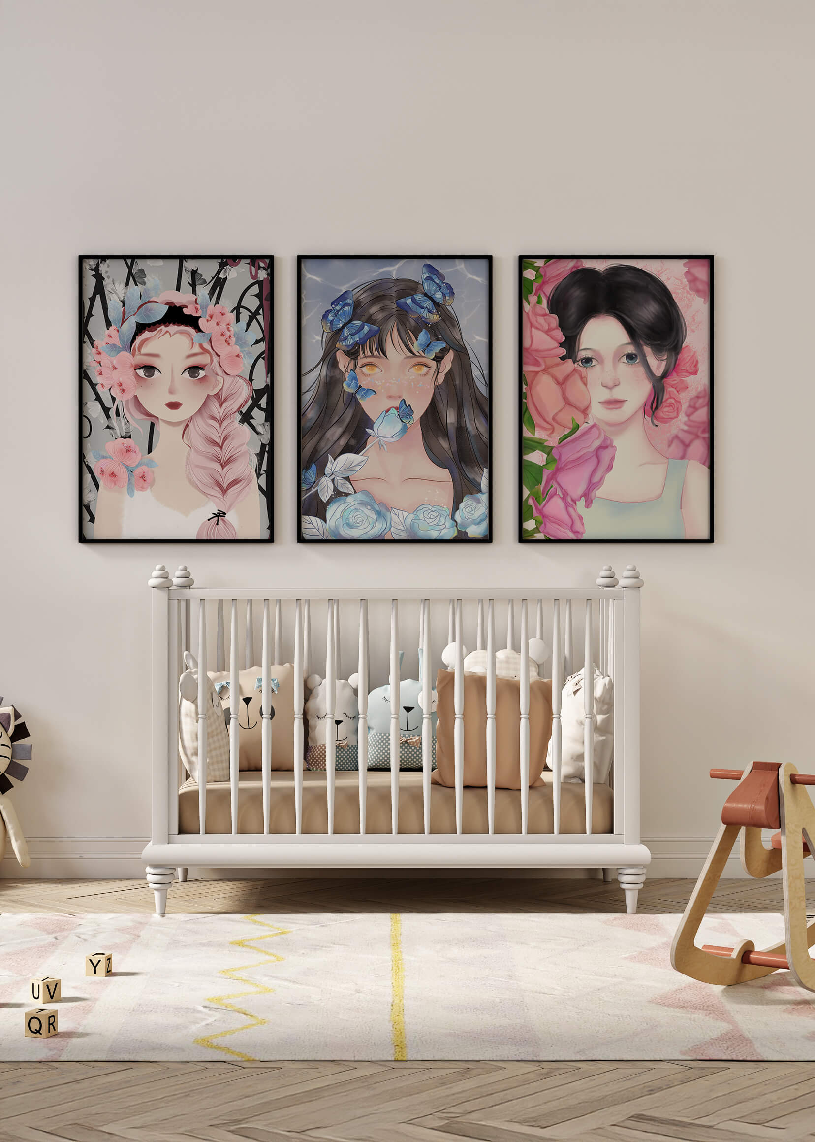 Pinturas De Retratos Femeninos Con Flores Y Mariposas