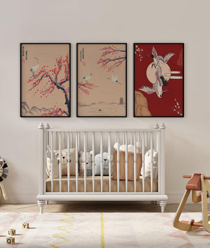 Ensemble de trois toiles avec grues et motifs naturels dans un style asiatique