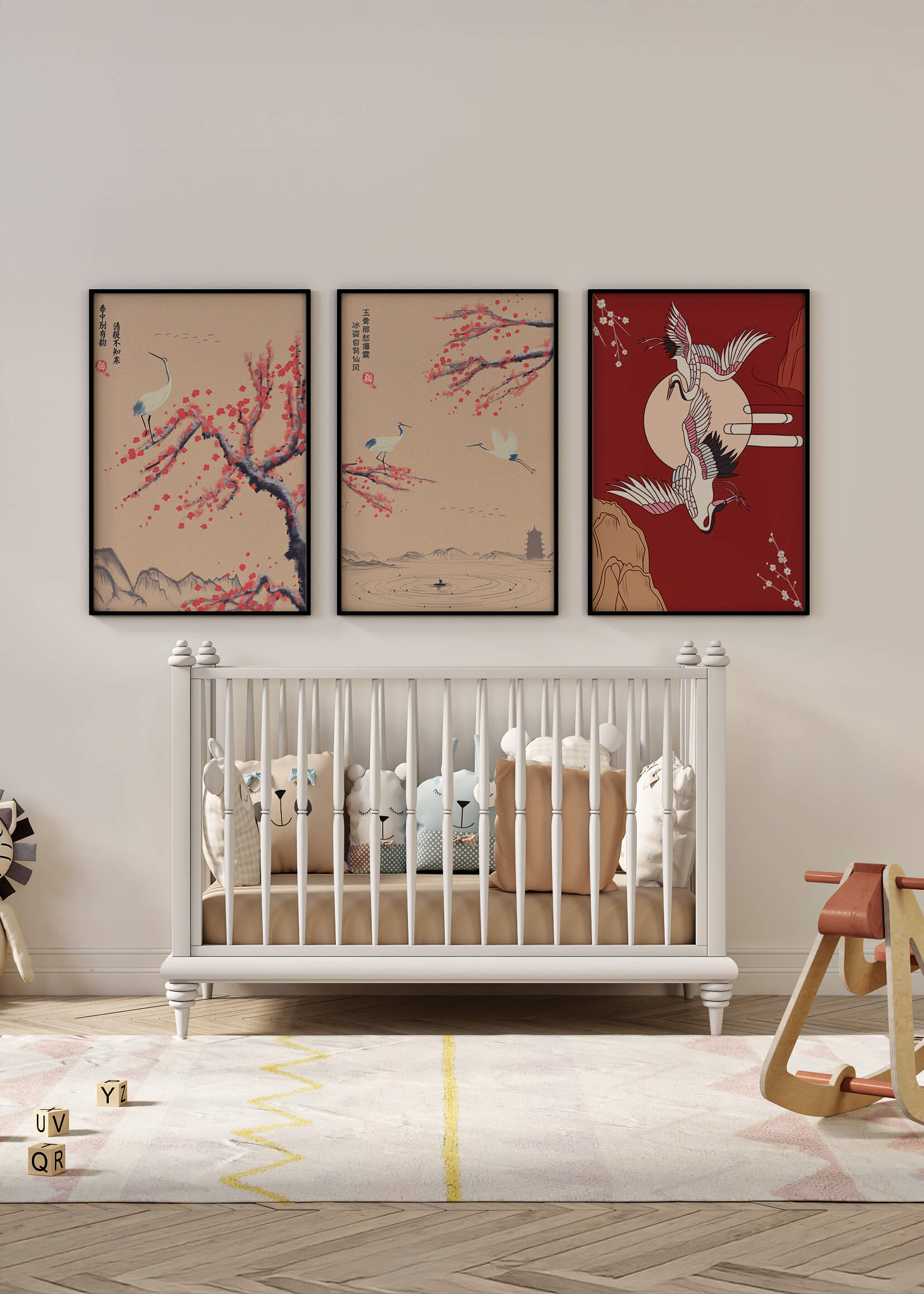 Ensemble de trois toiles avec grues et motifs naturels dans un style asiatique