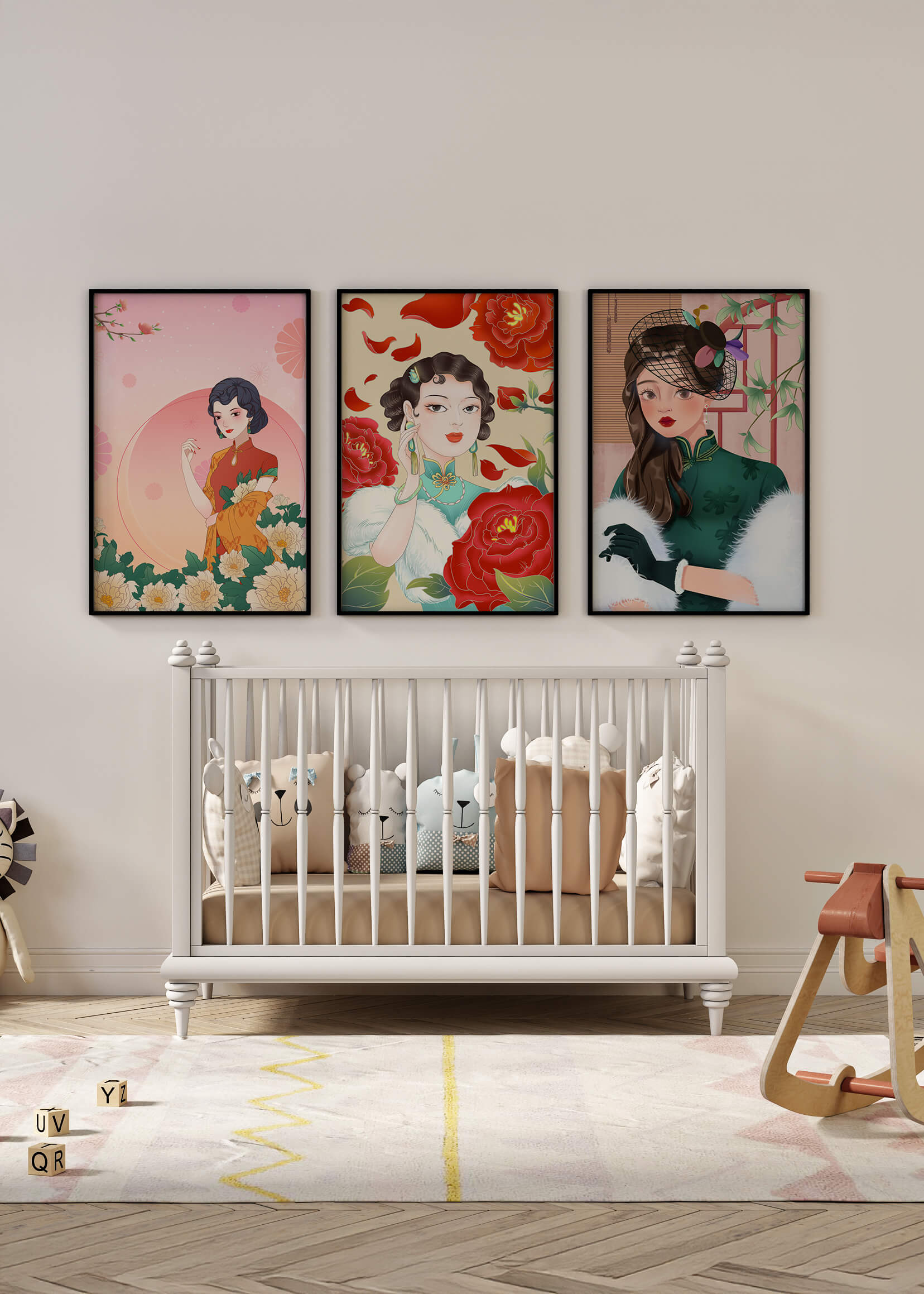 Conjunto De Impresiones Artísticas Inspiradas En Moda Asiática Con Elementos De Flores