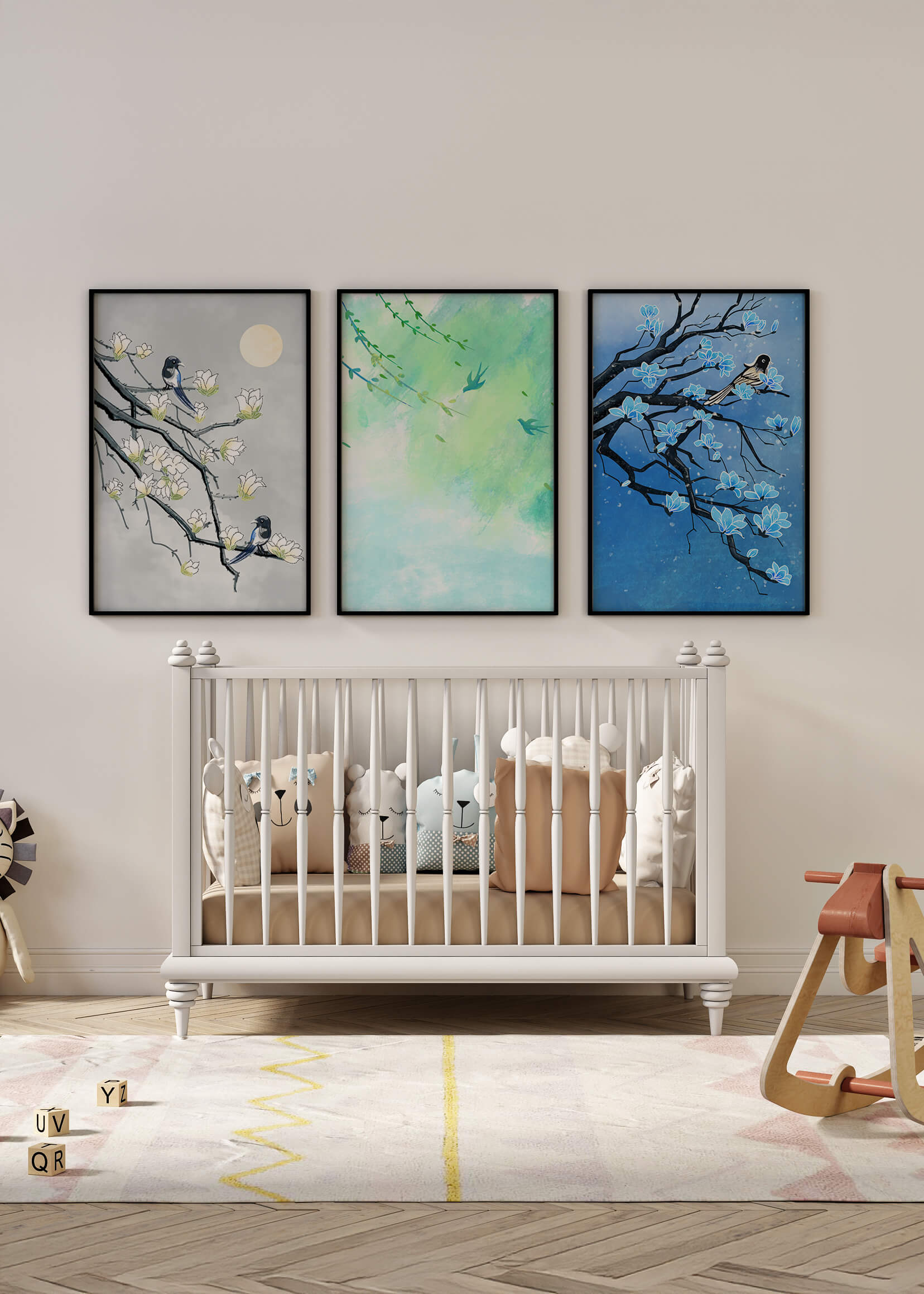 Tríptico Floral con Pájaros en Colores Suaves