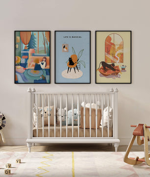 Triptyque d'art moderne avec des illustrations de chats et des scènes colorées
