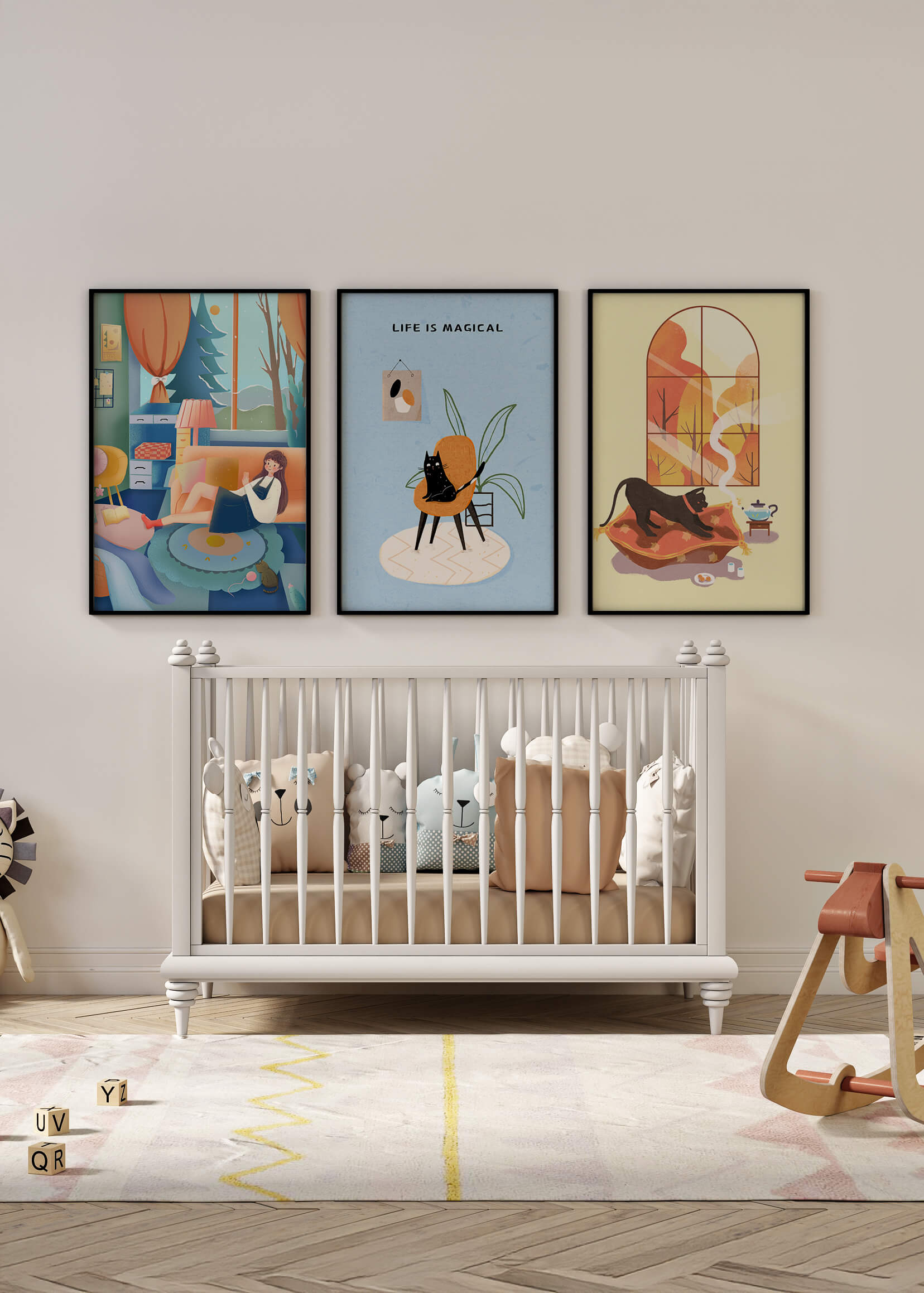 Triptyque d'art moderne avec des illustrations de chats et des scènes colorées