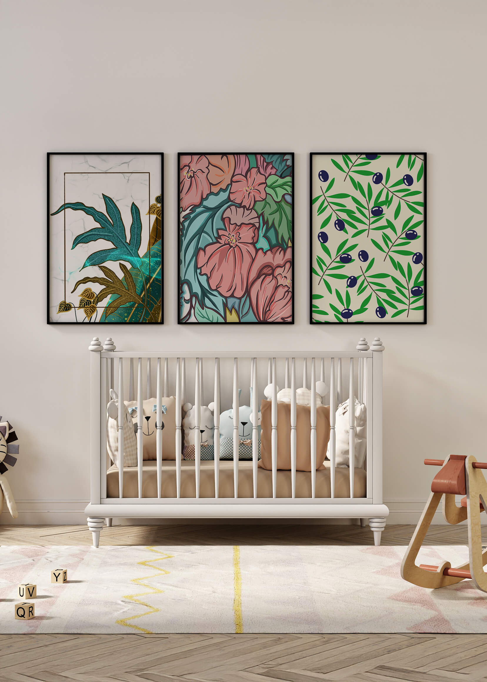 Impressions florales et tropicales sans cadre dans un salon moderne