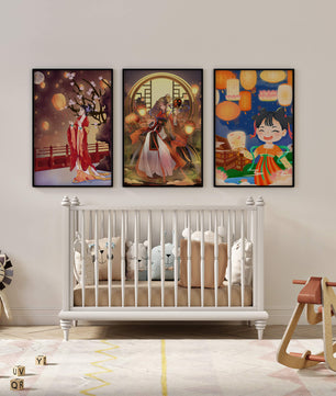 Art décoratif de style asiatique avec des lanternes et des personnages en vêtements traditionnels