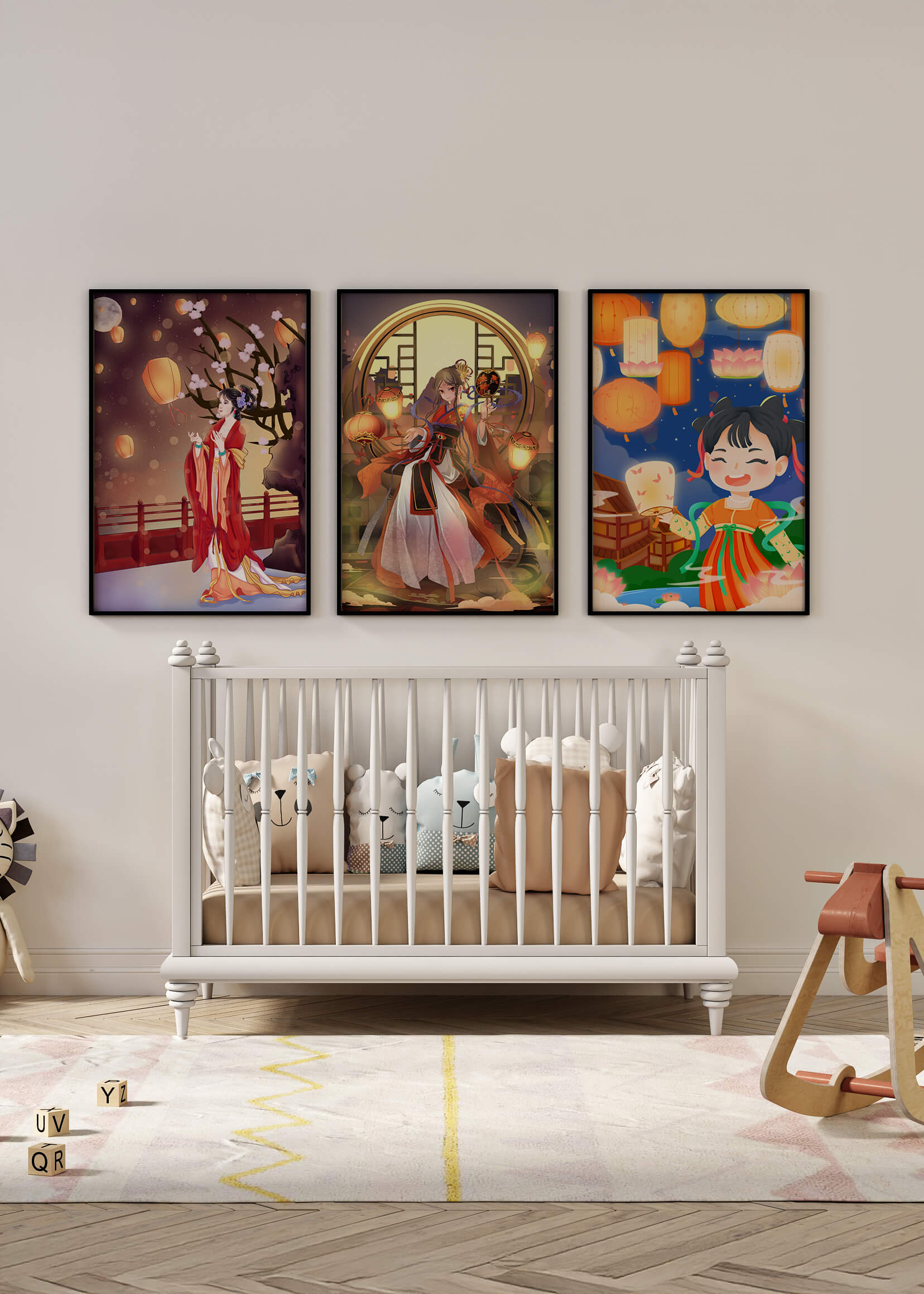 Art décoratif de style asiatique avec des lanternes et des personnages en vêtements traditionnels