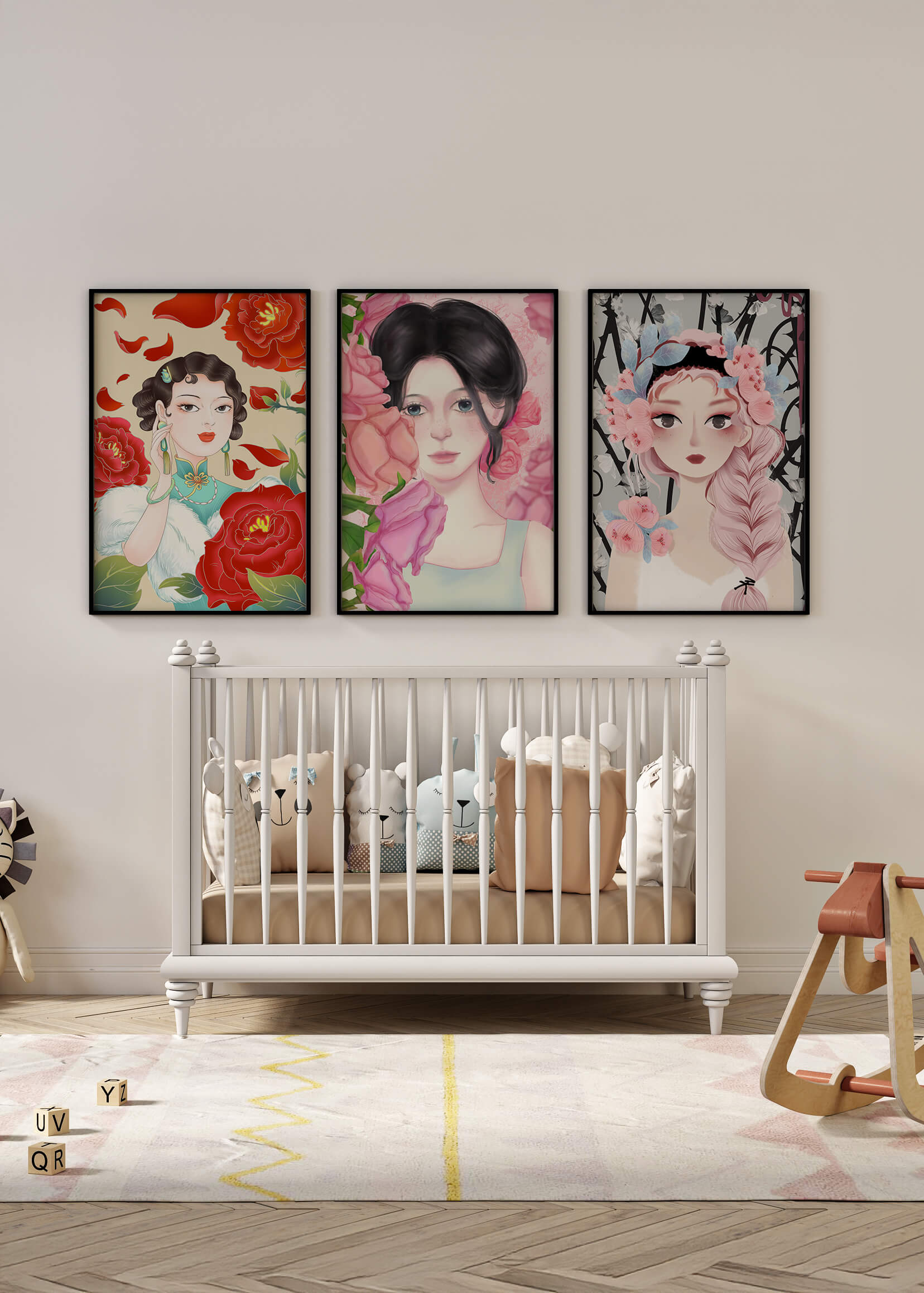 Ensemble de portraits féminins avec des fleurs dans un style artistique moderne