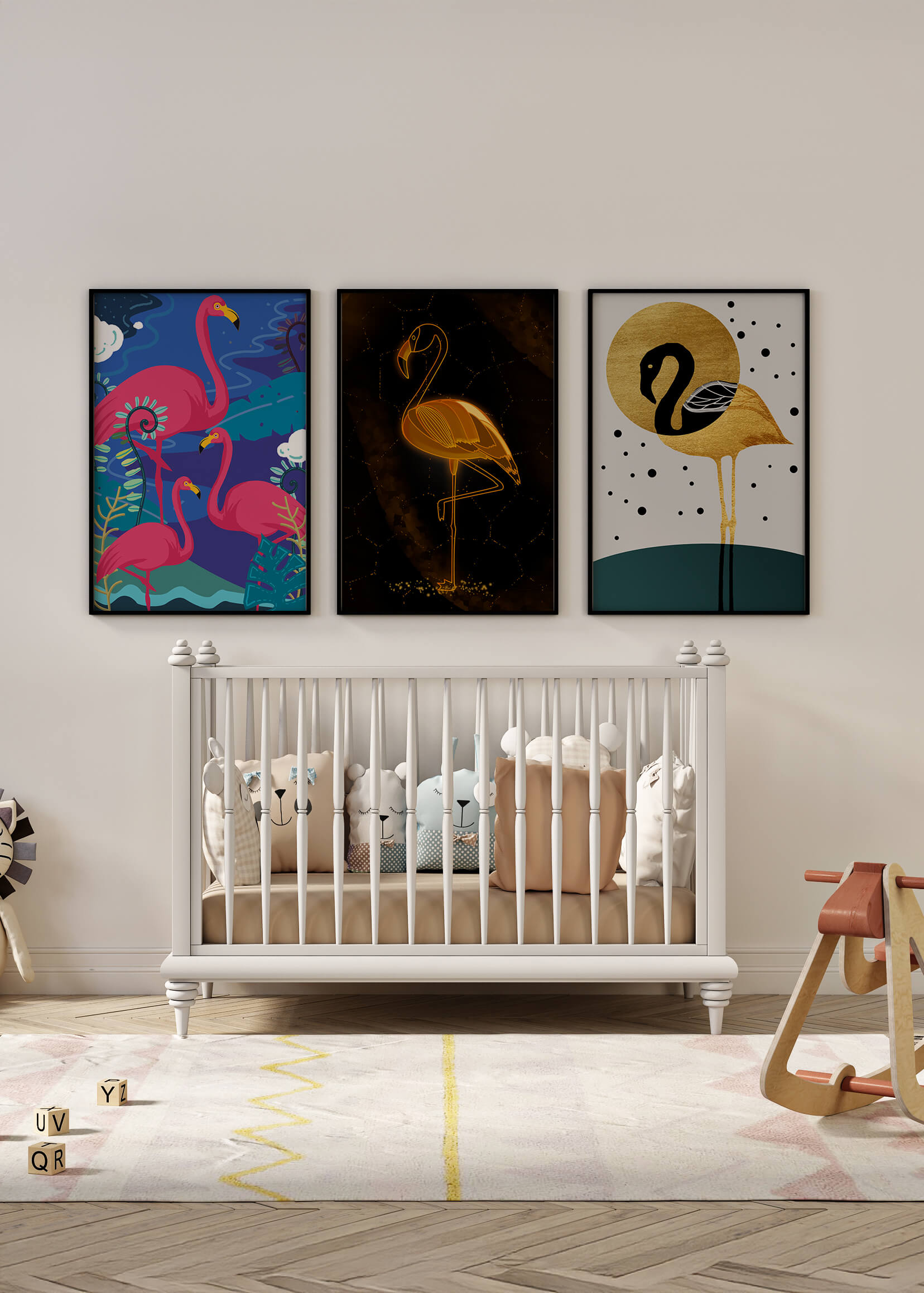 Triptyque de flamants roses avec détails dorés et design moderne