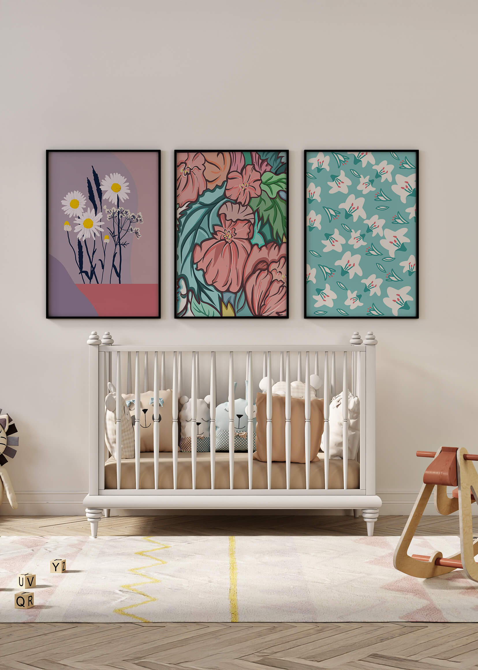 Mur avec trois tableaux de fleurs colorées dans un style moderne