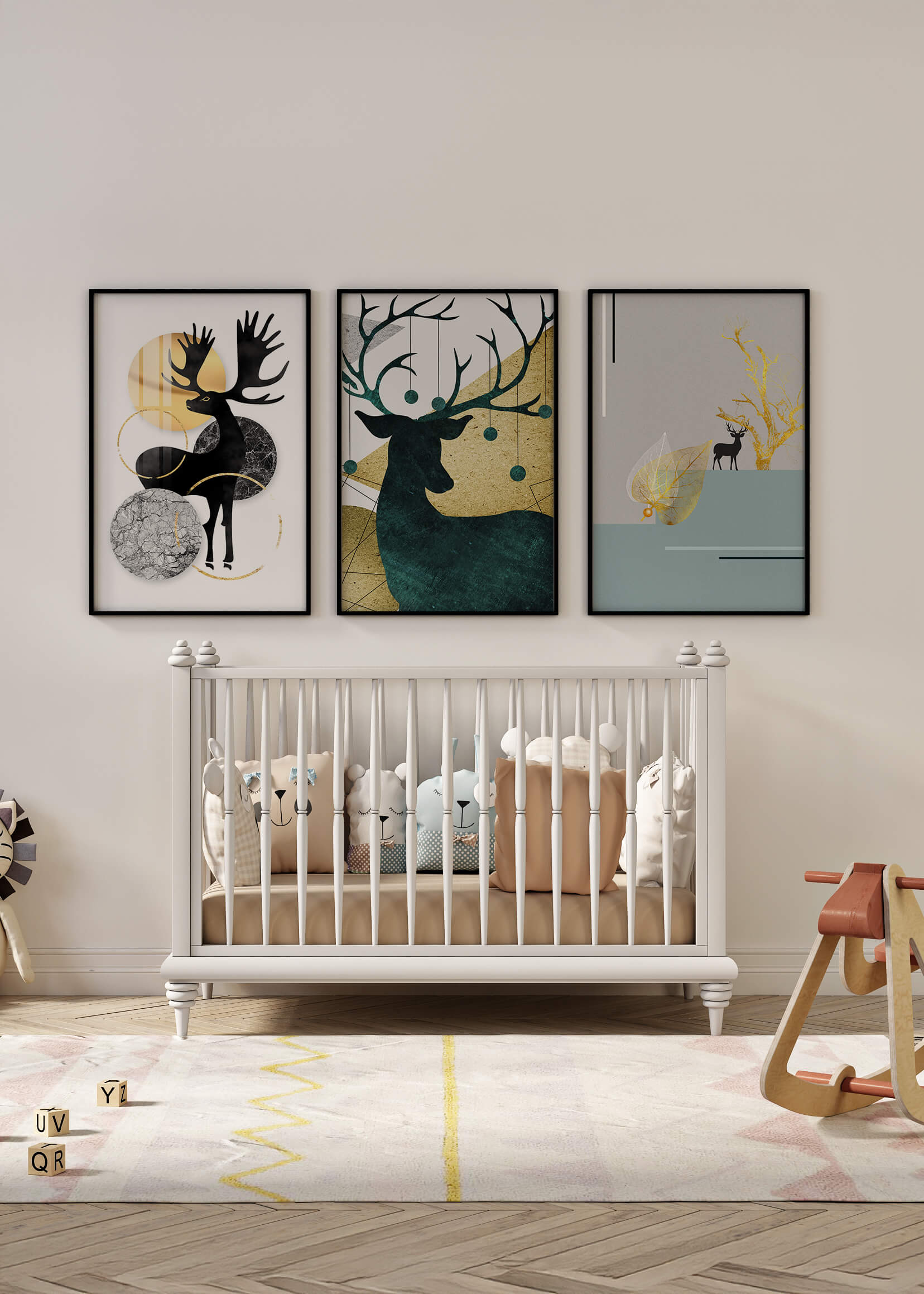 Conjunto De Cuadros De Ciervos Con Detalles Dorados