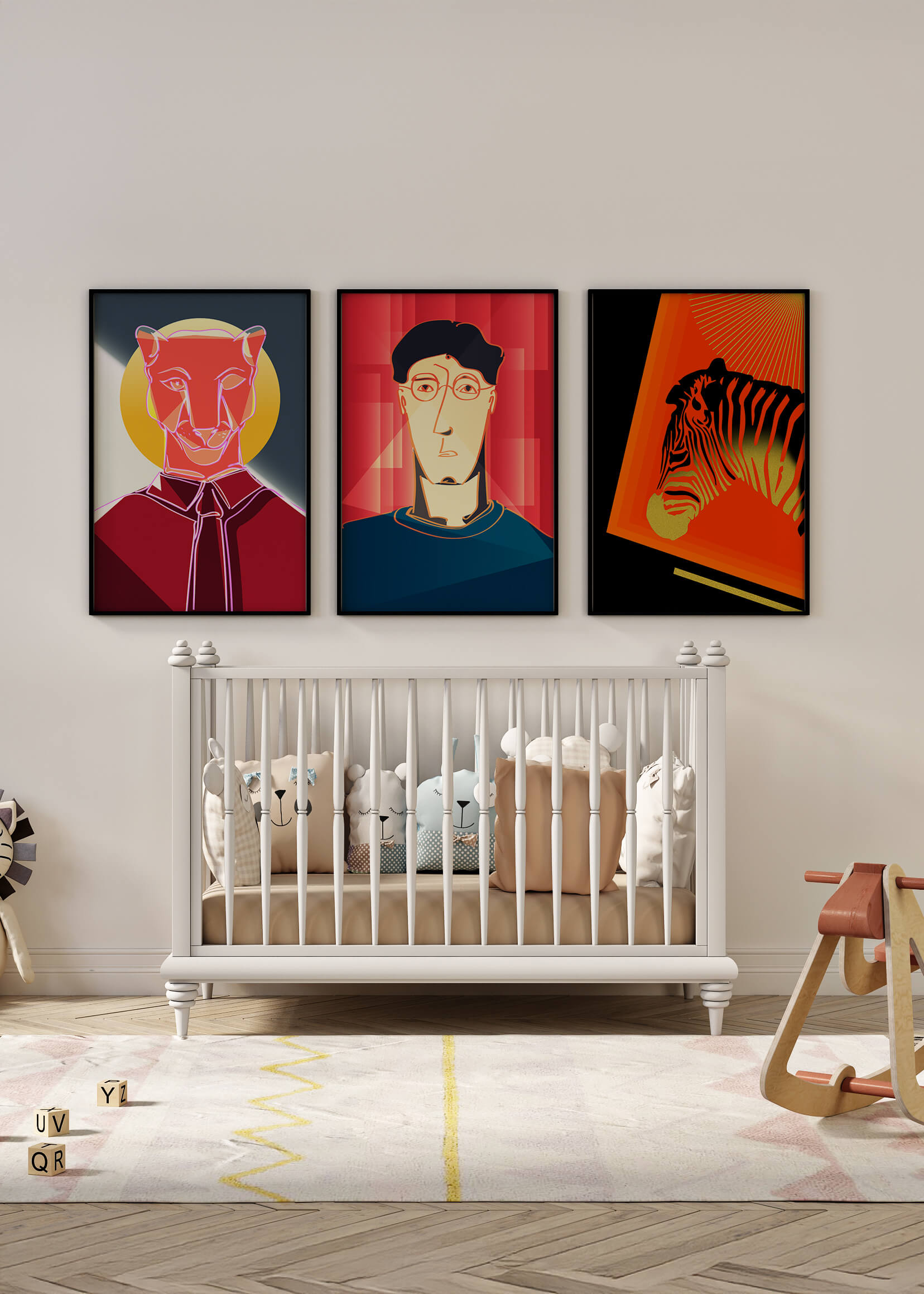 Art moderne avec zèbre, portrait géométrique et panthère