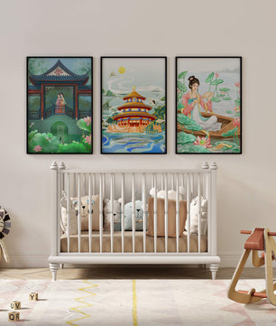 Triptyque d'illustrations orientales dans des intérieurs modernes