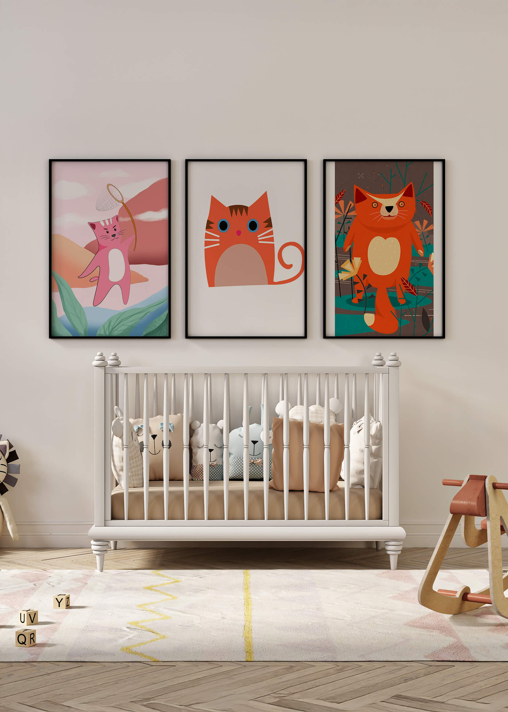 Tríptico De Ilustraciones De Gatos En Diseños Modernos