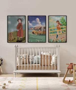 Conjunto de cuadros ilustrativos sin marco en ambiente moderno
