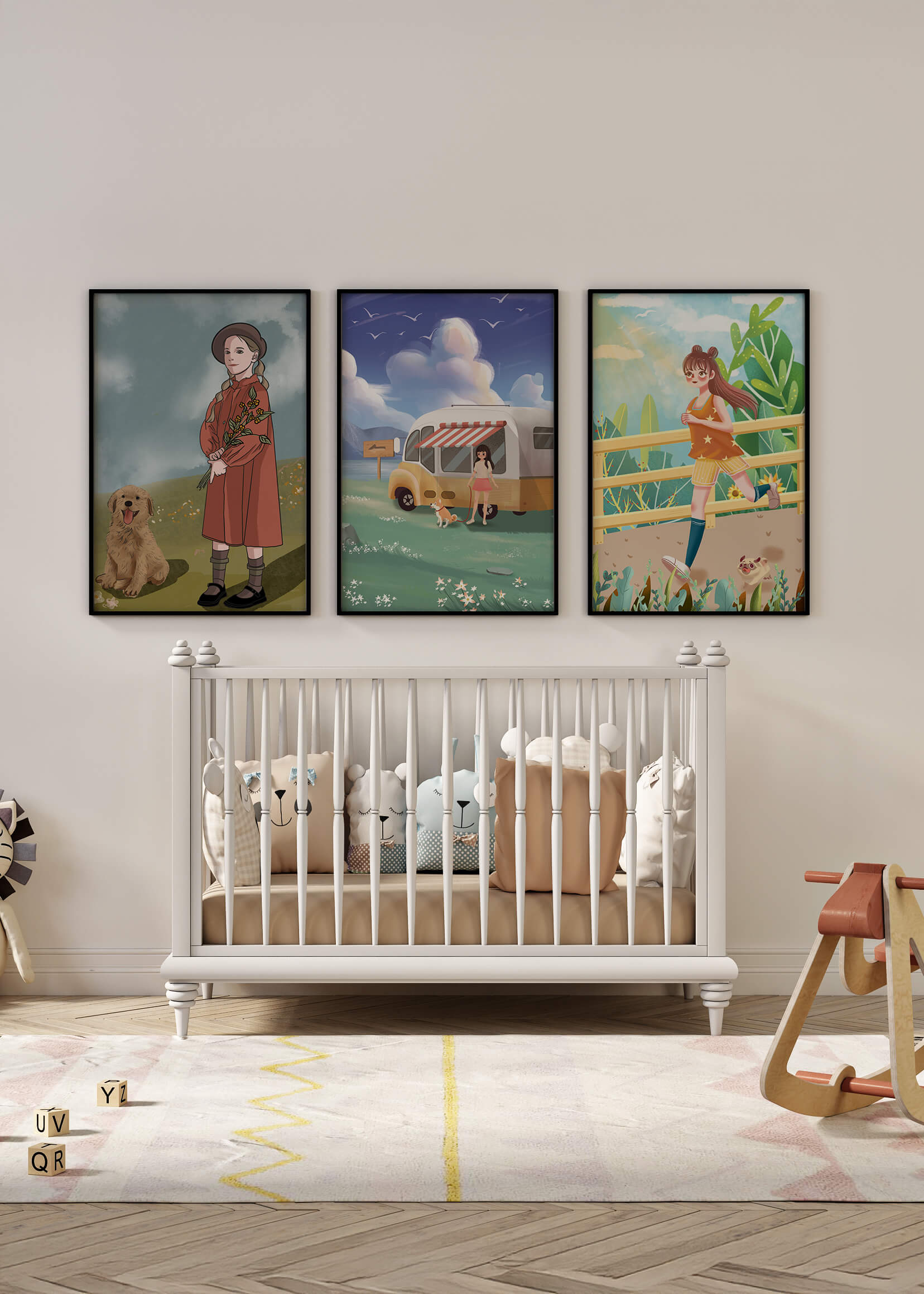 Conjunto de cuadros ilustrativos sin marco en ambiente moderno