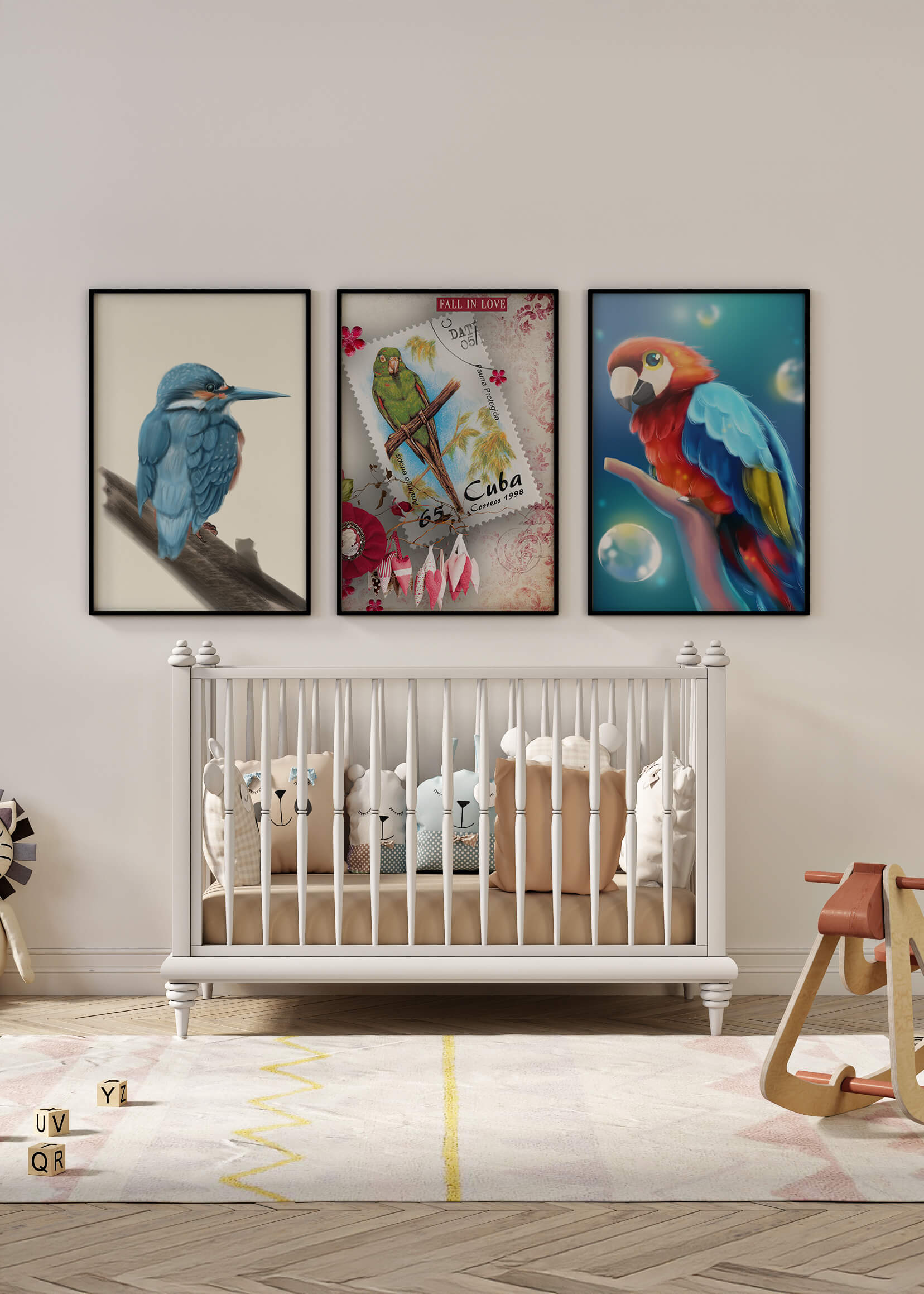 Arte Decorativo con Pájaros Coloridos en Impresión de Alta Calidad