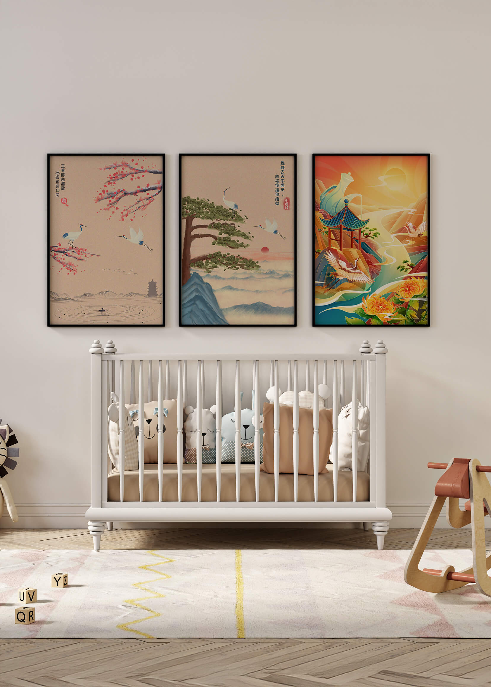 Images de paysages orientaux avec des grues et des dragons