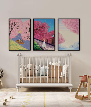 Peintures de fleurs de cerisier encadrées avec de magnifiques paysages