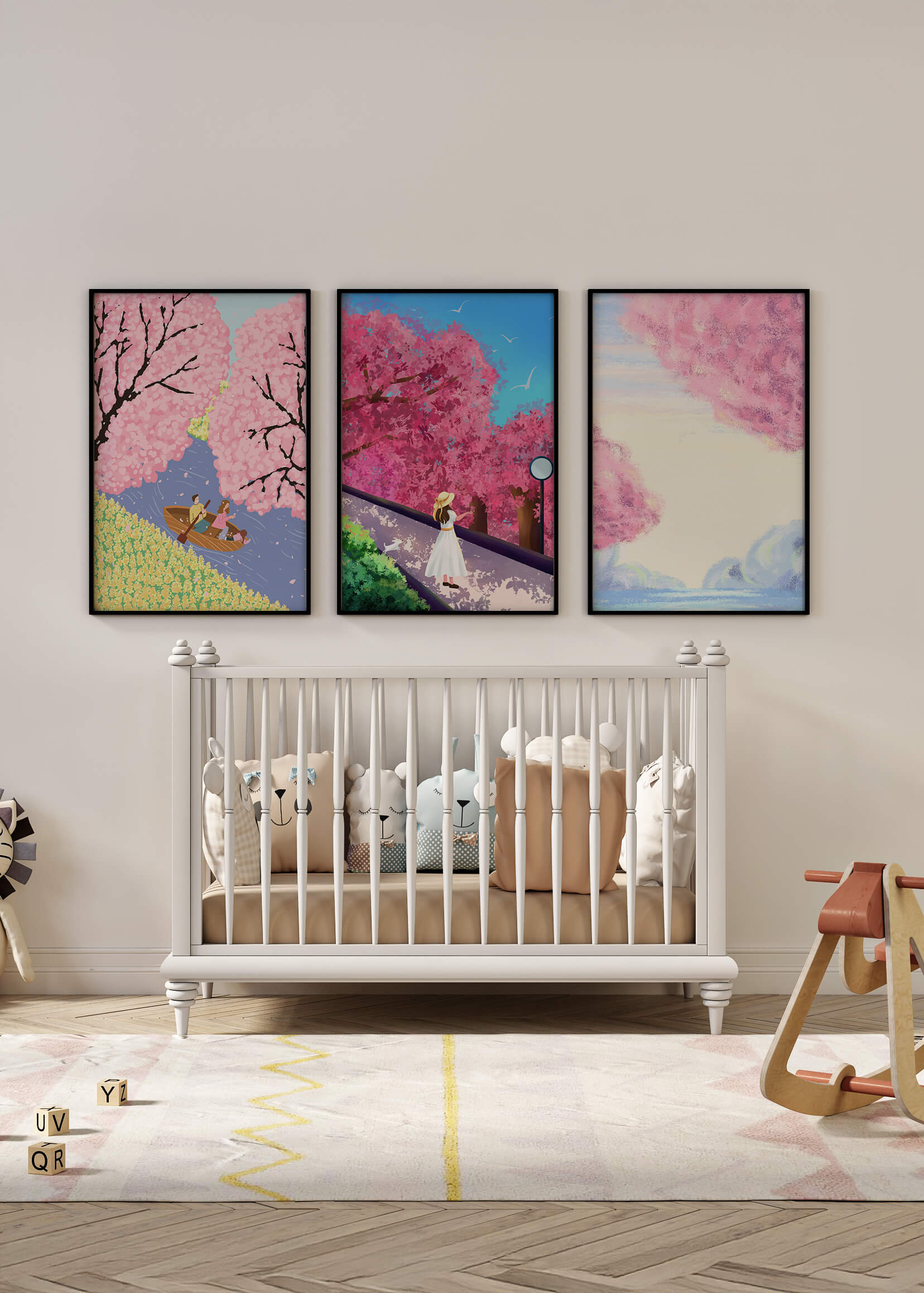 Peintures de fleurs de cerisier encadrées avec de magnifiques paysages
