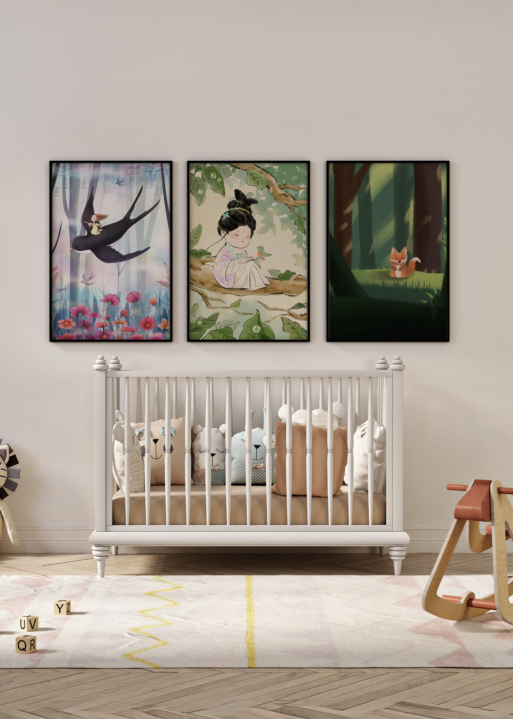 Set de impresiones artísticas infantiles en un espacio luminoso