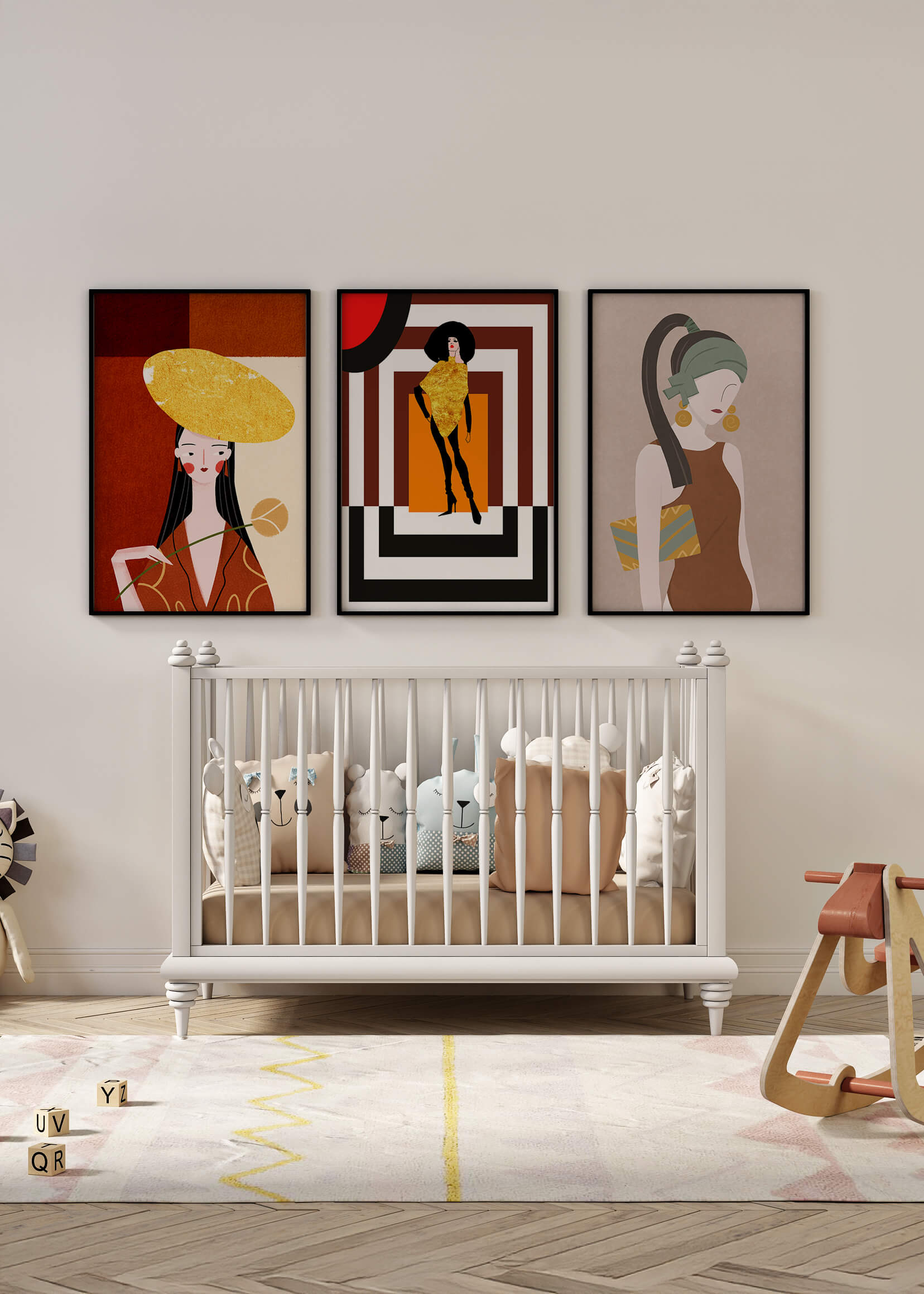 Conjunto De Ilustraciones Modernas Con Elementos Dorados En Pared Sin Marco