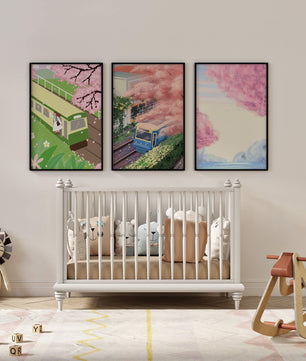 Ensemble de trois tableaux avec des paysages de cerisiers et des trains