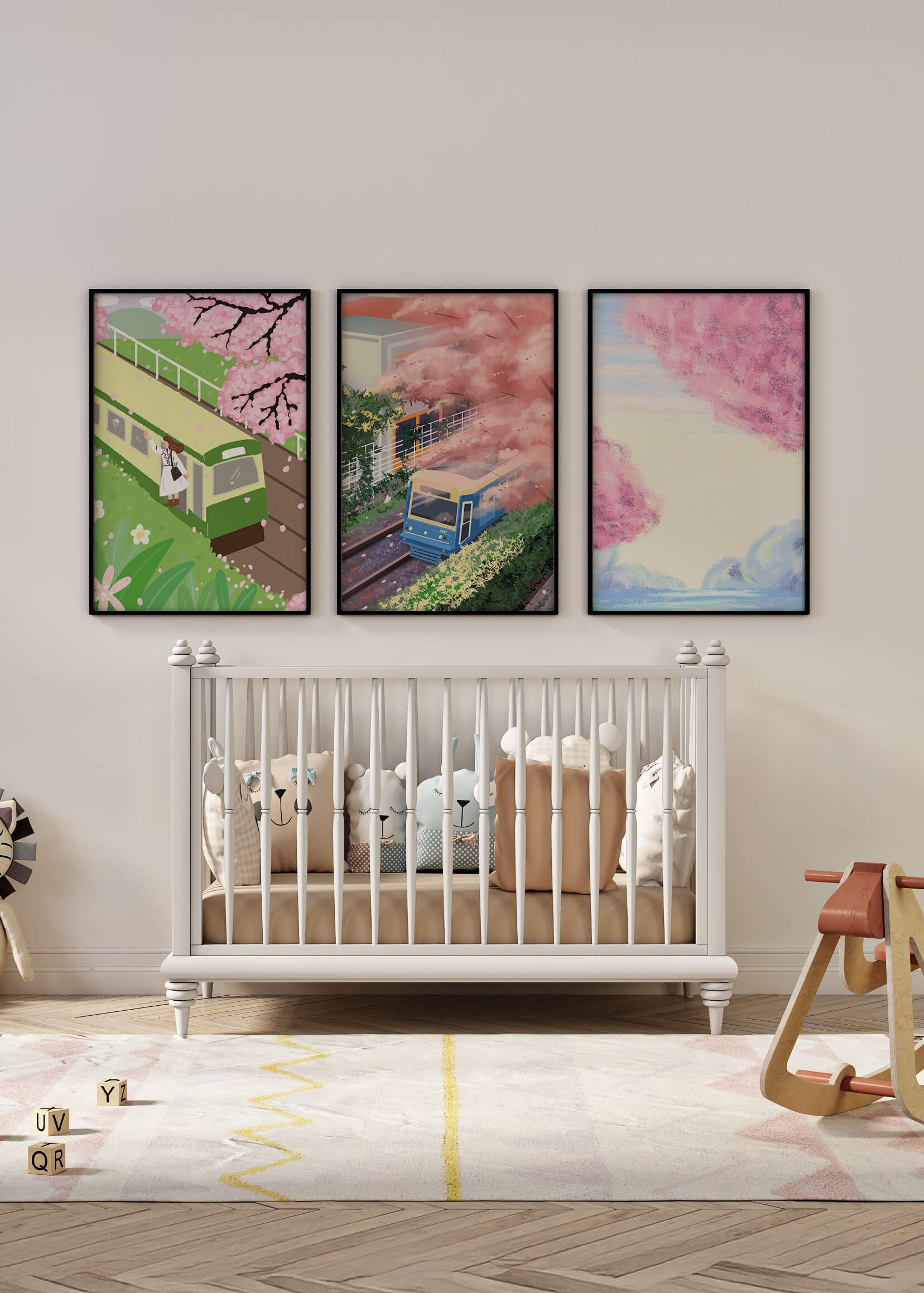 Ensemble de trois tableaux avec des paysages de cerisiers et des trains