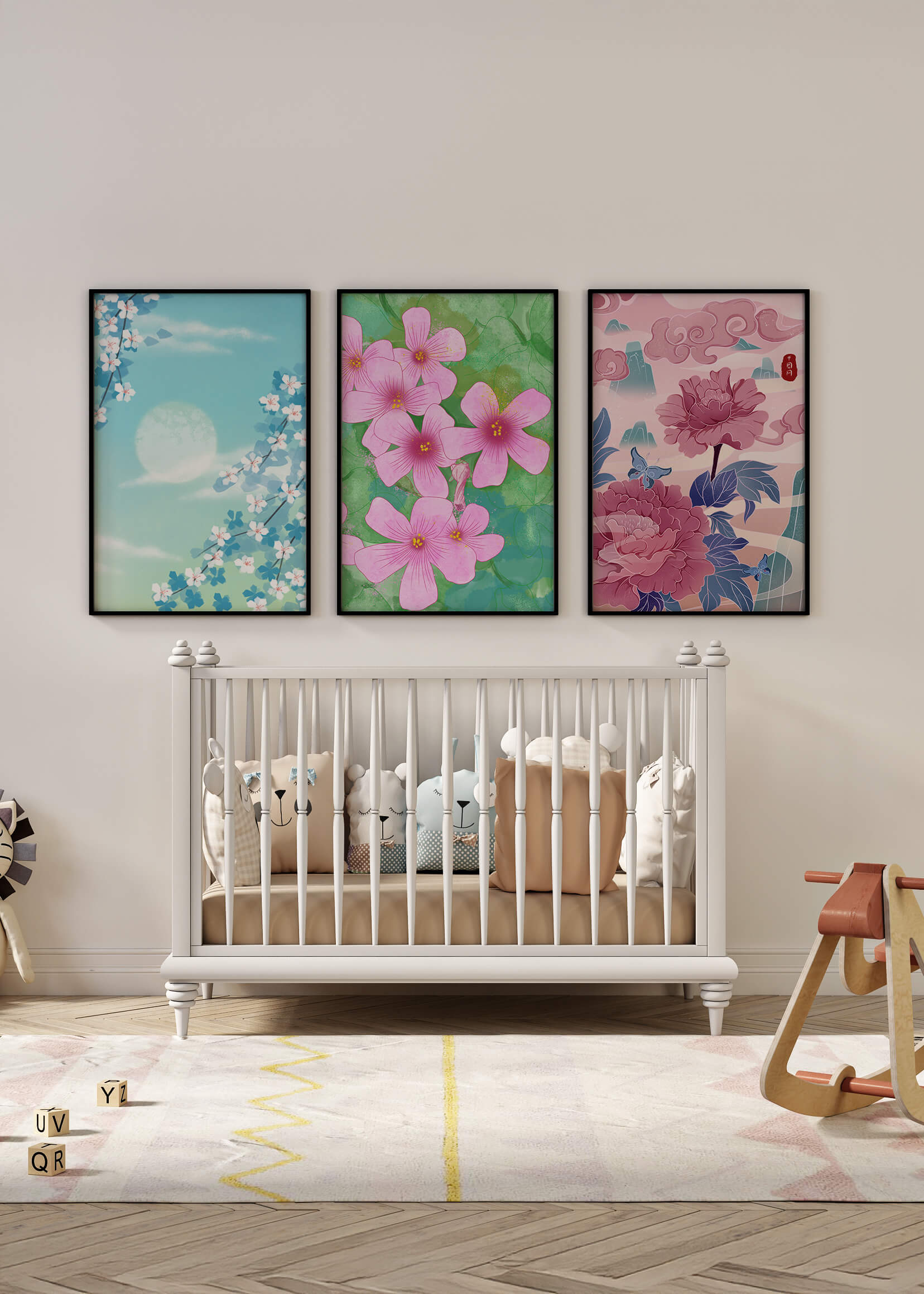 Buntes florales Triptychon mit Naturinspirationen
