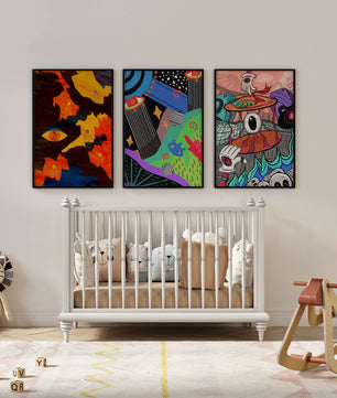 Tríptico de Arte Contemporáneo sin Marco con Estilo Pop y Abstracto