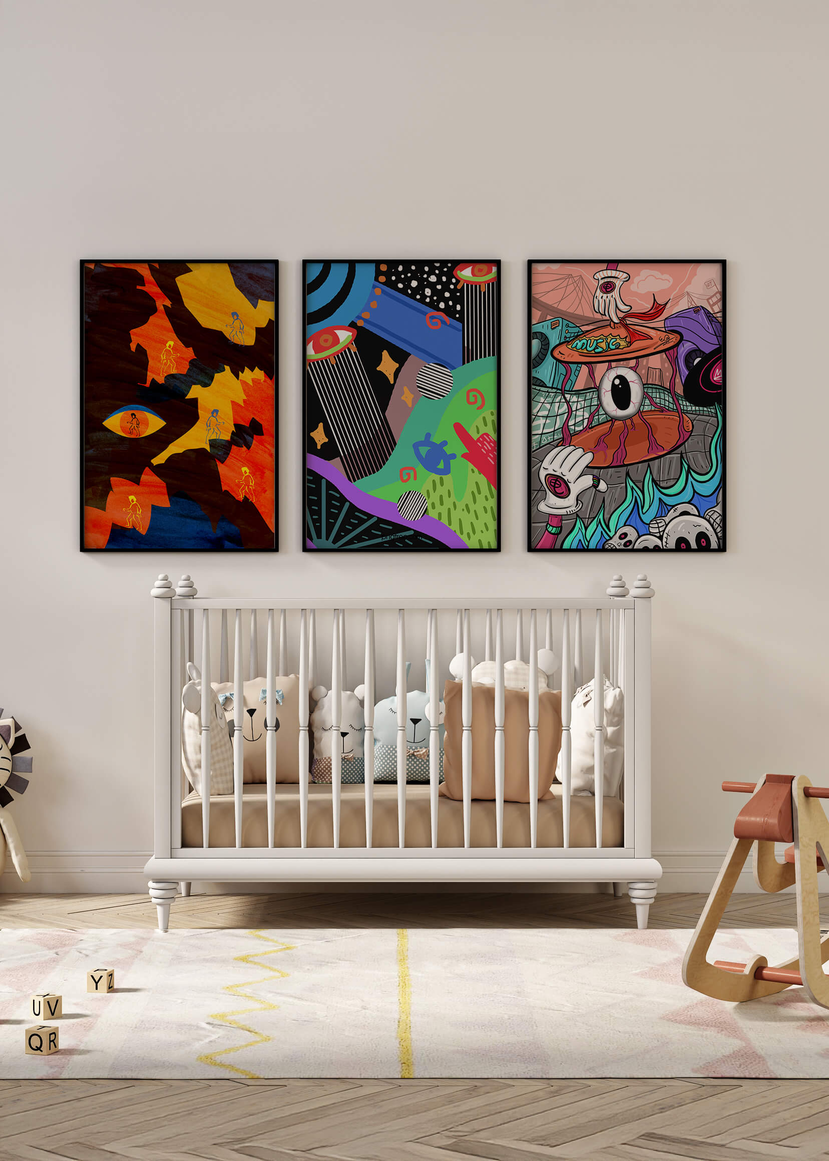 Tríptico de Arte Contemporáneo sin Marco con Estilo Pop y Abstracto
