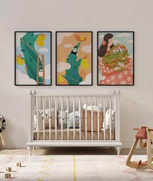 Ensemble de trois tableaux avec des illustrations colorées