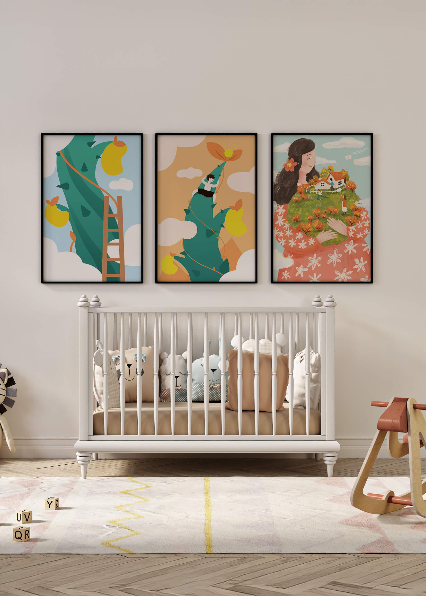 Ensemble de trois tableaux avec des illustrations colorées