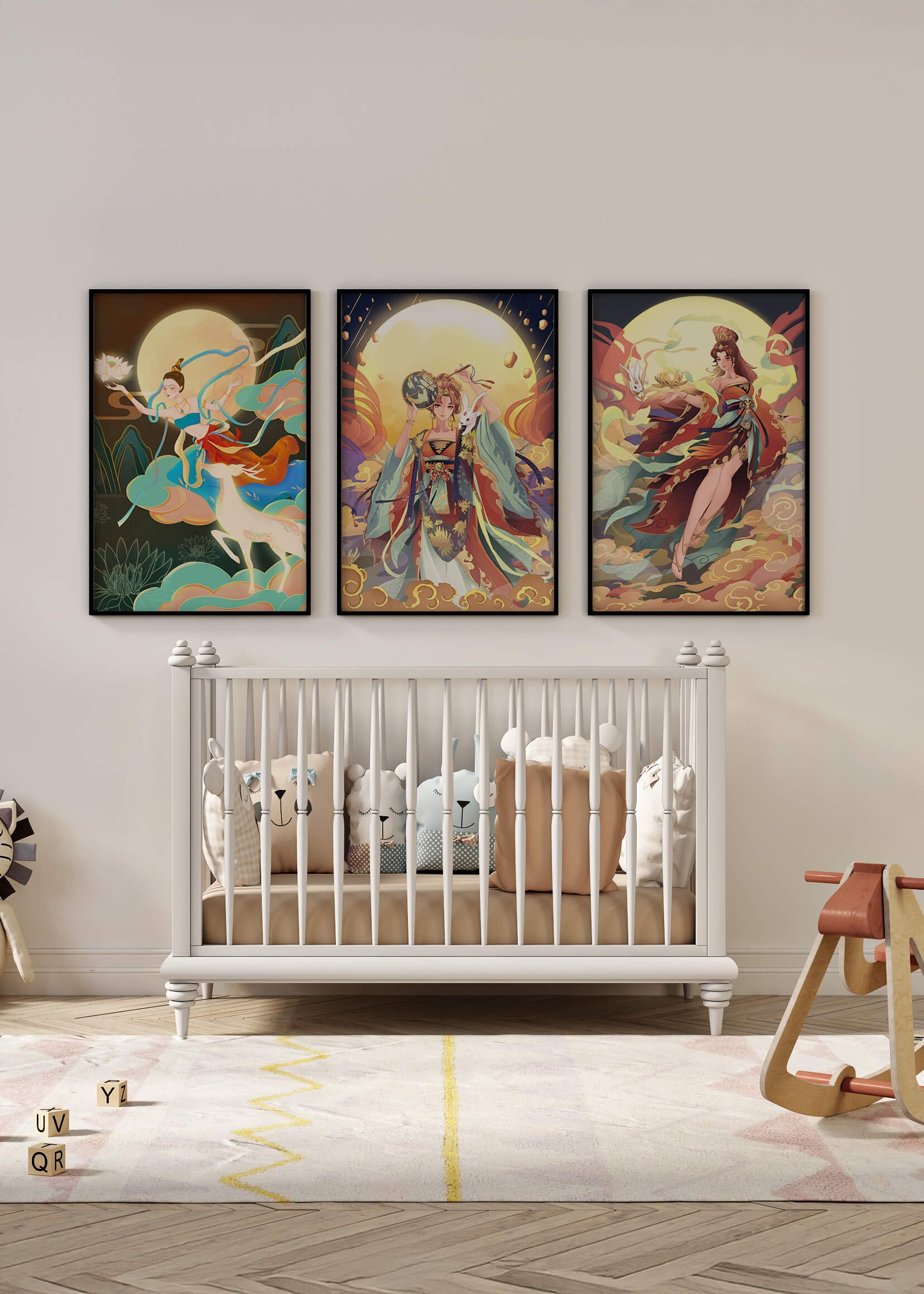 Ostasiatische Dekorative Kunst mit goldenen Elementen in einem Dreierset