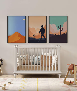 Ensemble d'impressions artistiques de paysages désertiques avec des silhouettes et des cactus