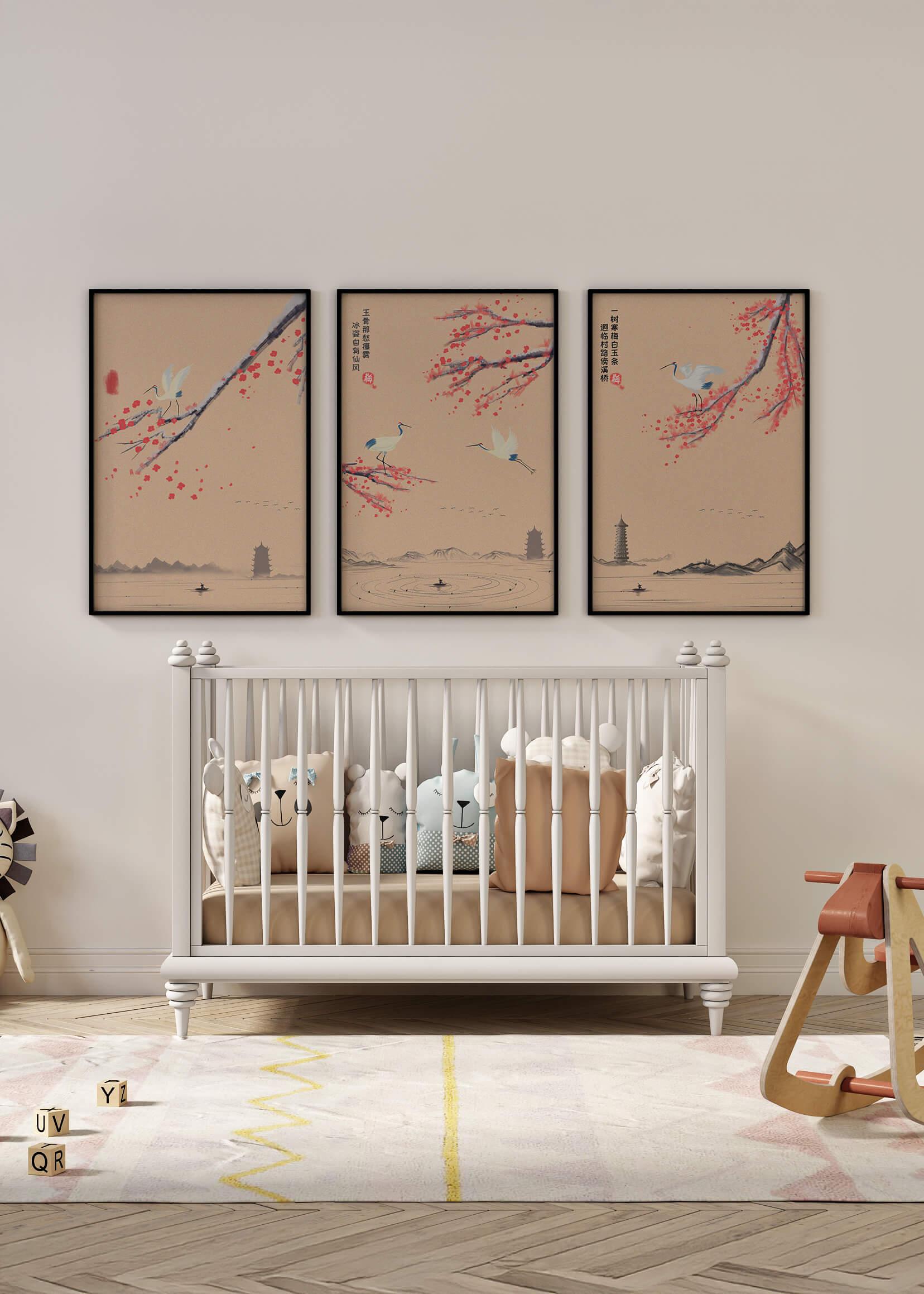 Conjunto De Arte Oriental Con Grullas Y Flores De Cerezo