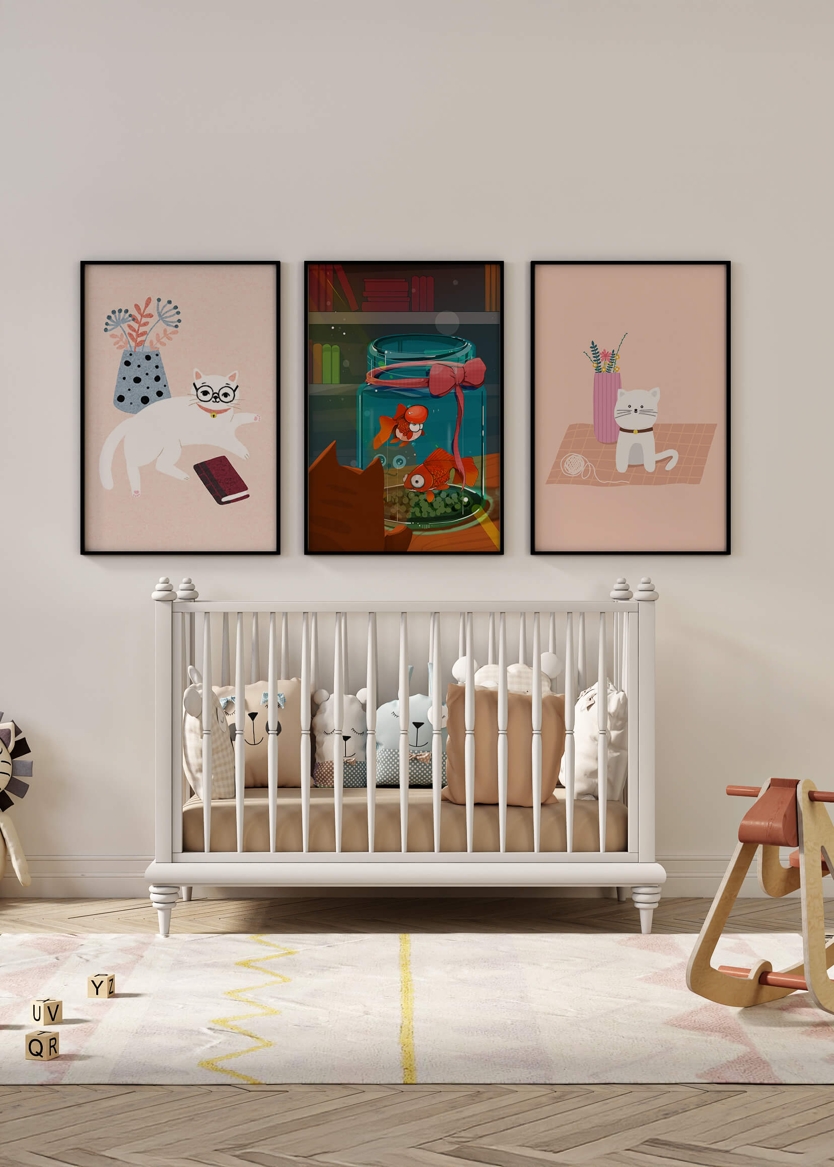 Ensemble de tableaux modernes avec des chats et un aquarium