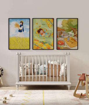 Triptyque d’illustrations d’automne avec des enfants et des paysages