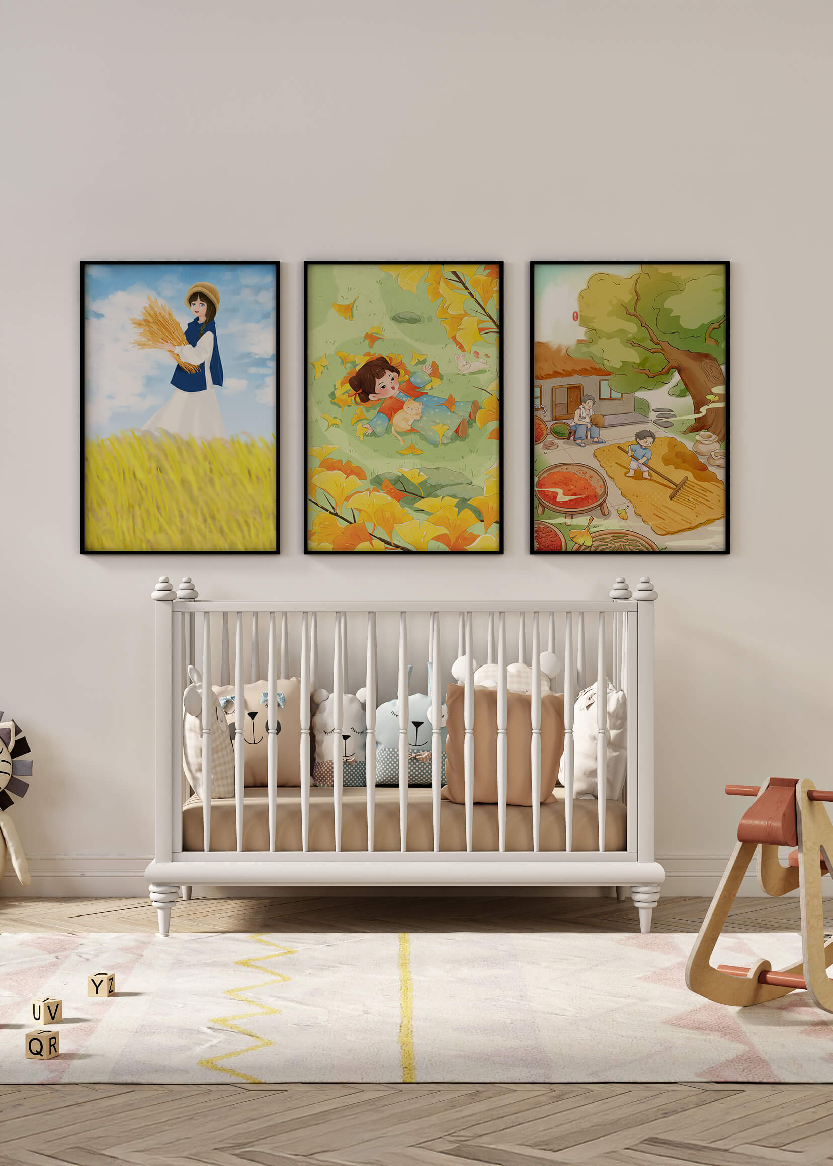 Tríptico de Ilustraciones de Otoño con Niños y Paisajes