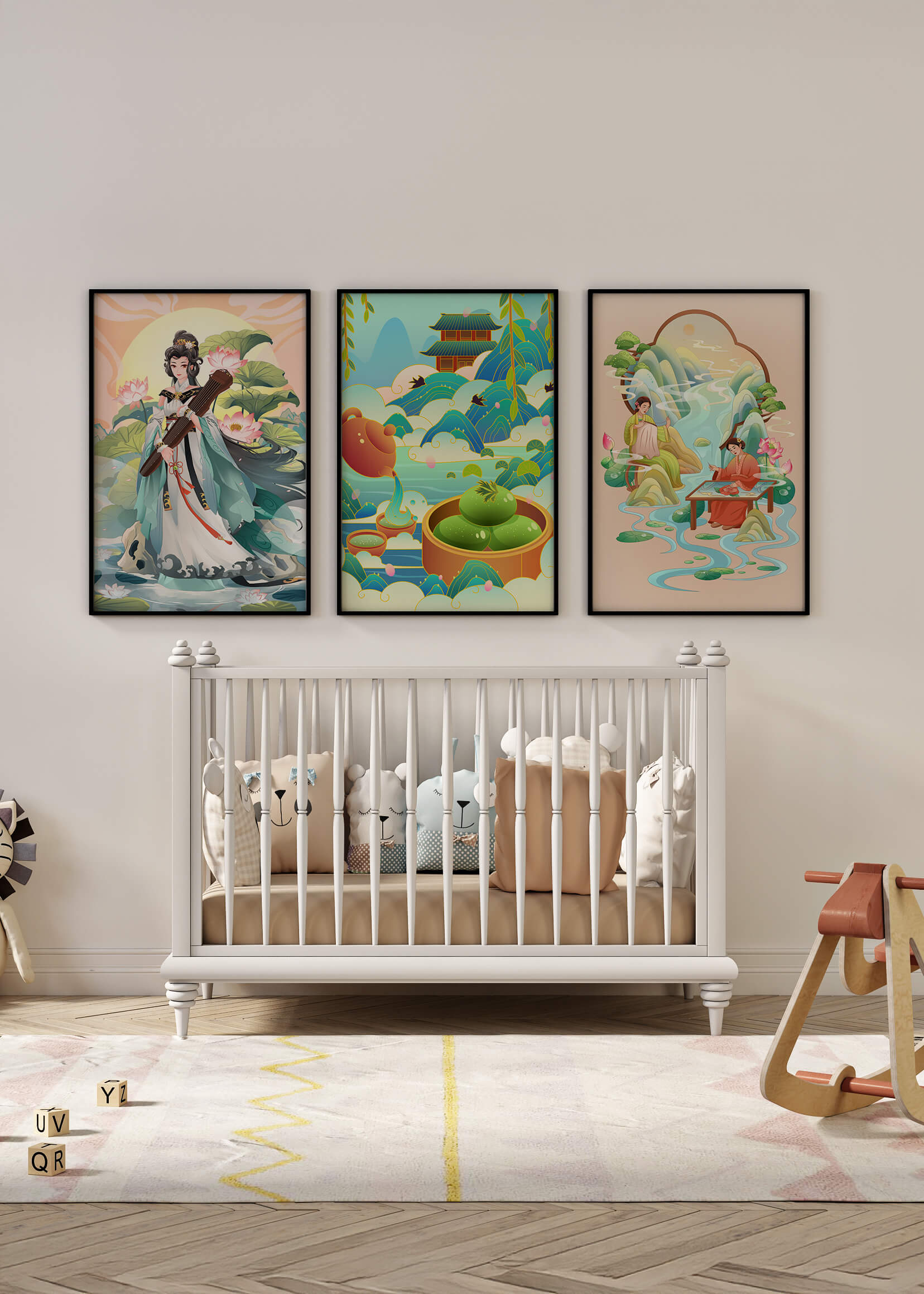 Ensemble d’œuvres d’art de style asiatique sur fond neutre