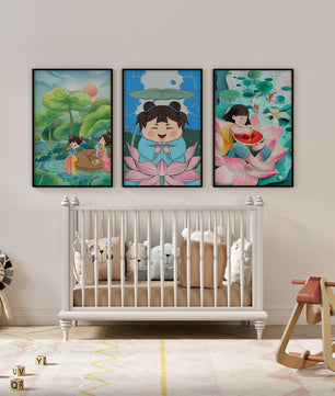 Trois illustrations d'enfants dans un style asiatique avec des éléments de la nature